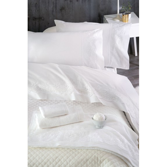 Σετ Σεντόνια Υπέρδιπλα 4 Τεμαχίων Rythmos Katherina Λευκό...