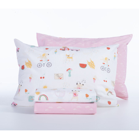 Σετ Παιδικά Σεντόνια Μονά 3 Τεμαχίων Nef-Nef Happy Today White/Pink 170x260